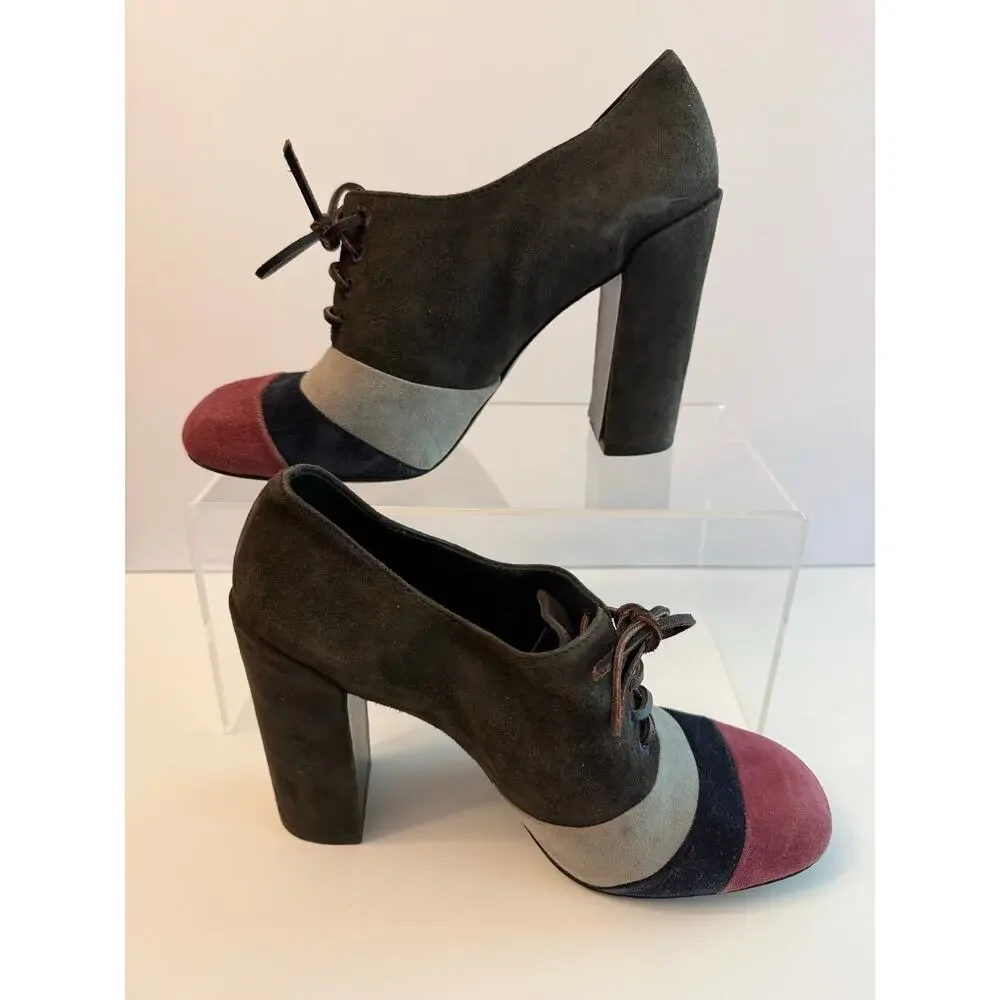 Tory Burch Stella Oxford Pumps Size 8.5 Color Block Suede Chunky Heel Lace Up